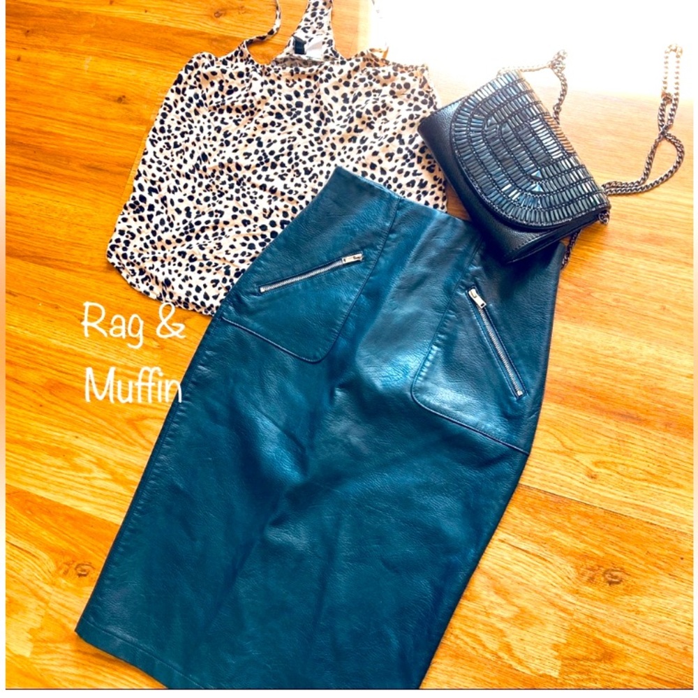 Zara Vegan Leather Pencil Skirt - Blue/Green Like New! Never Worn